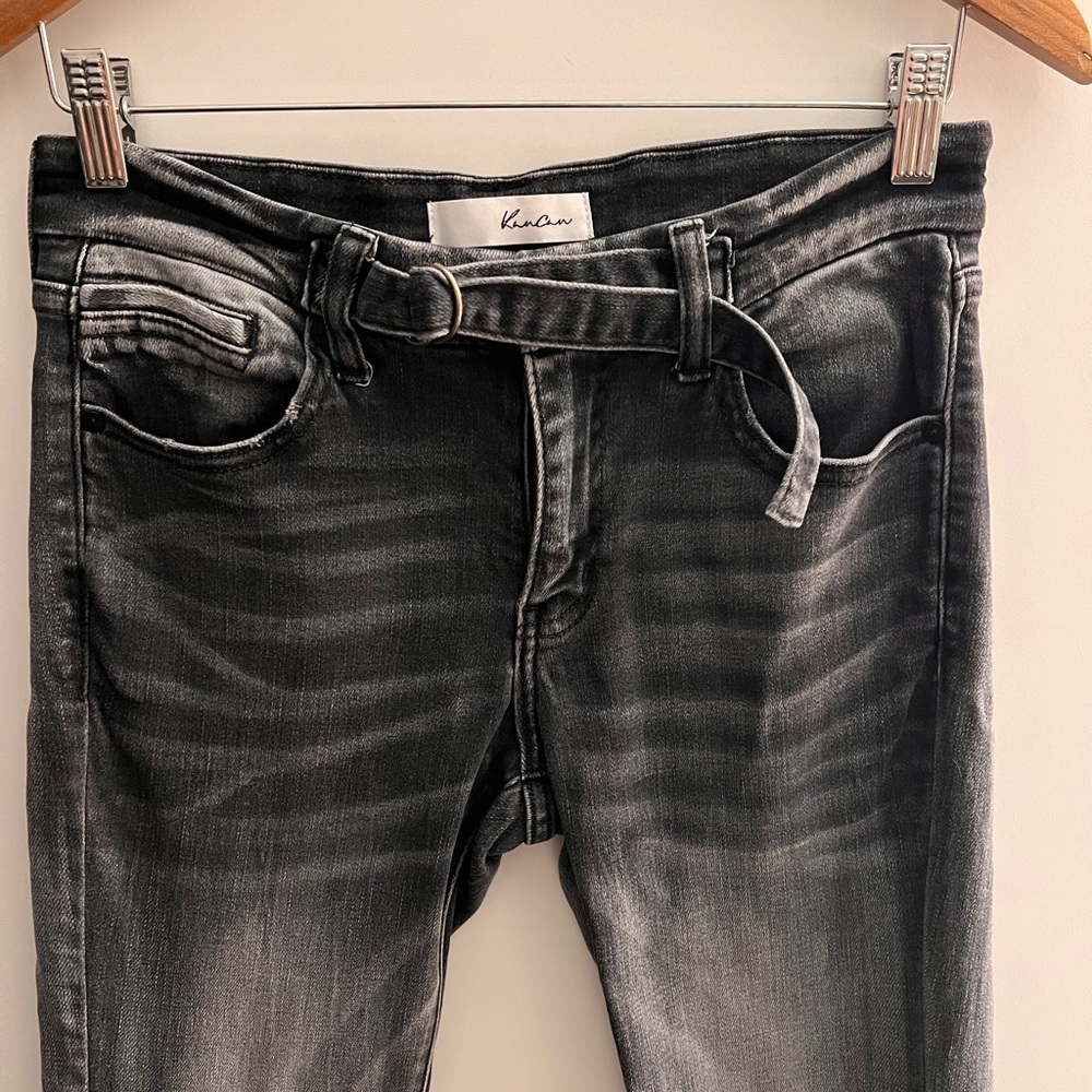 Y2K Kancan Black Jeans Estilo Bootcut Frayed Hem Belt White Washed Denim